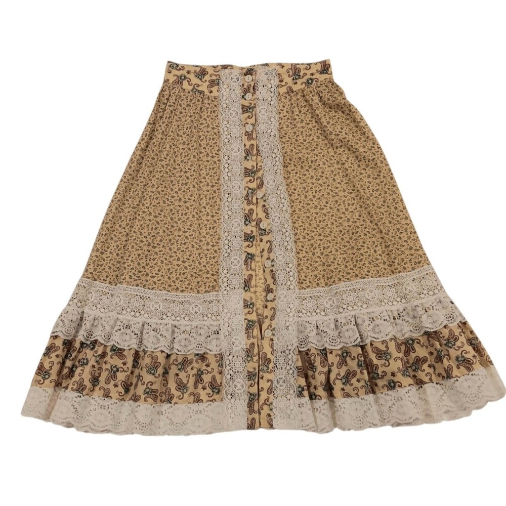 Vintage 70s Handmade Prairie Skirt Cottagecore Yellow Floral Paisley Lace Small